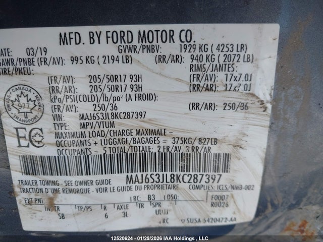 MAJ6S3JL8KC287397 Ford Ecosport Ses