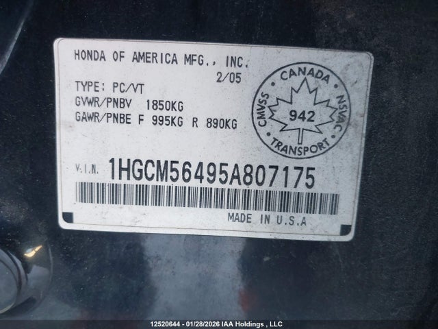2005 Honda Accord Lx-g მანქანა იყიდება აუქციონზე, vin: 1HGCM56495A807175, აუქციონის ნომერი: 12520644