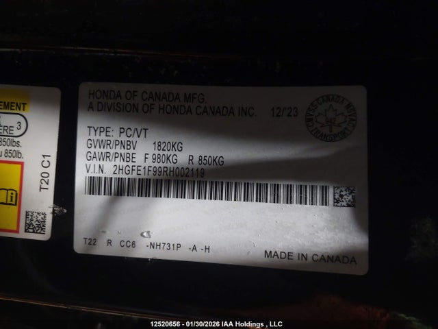 Honda Civic Touring 2024 2HGFE1F99RH002119 Image 9