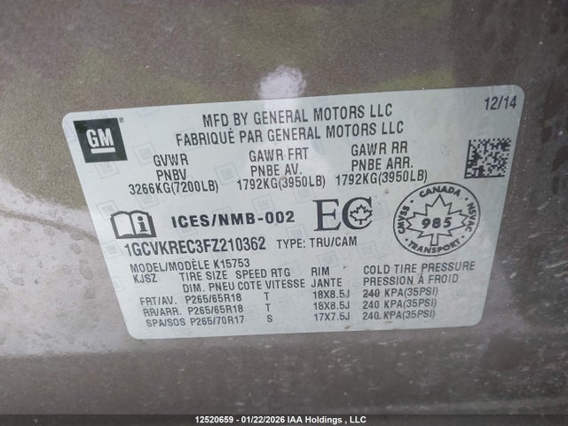 1GCVKREC3FZ210362 Chevrolet Silverado 1500 1lt/2lt