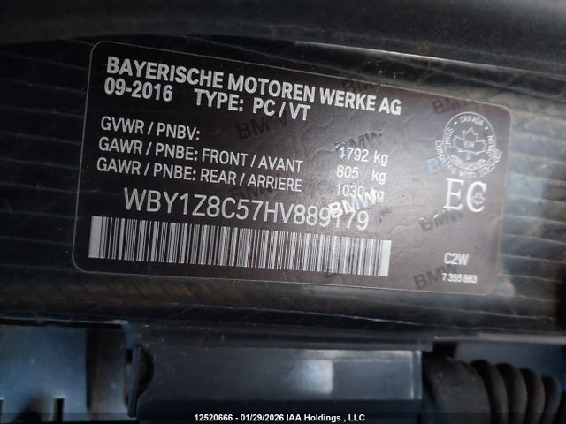 2017 Bmw I3 Rex მანქანა იყიდება აუქციონზე, vin: WBY1Z8C57HV889179, აუქციონის ნომერი: 12520666