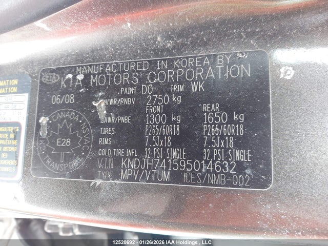 12520692 :رقم المزاد ، KNDJH741595014632 vin ، 2009 Kia Borrego Lx/ex مزاد بيع