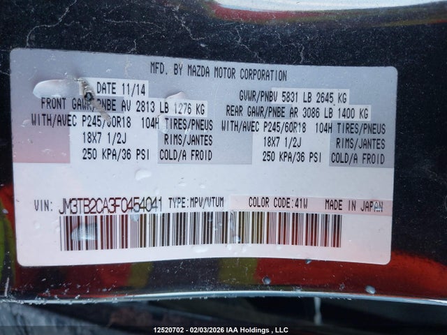 12520702 :رقم المزاد ، JM3TB2CA3F0454041 vin ، 2015 Mazda Cx-9 مزاد بيع