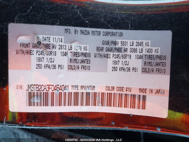 12520702 :رقم المزاد ، JM3TB2CA3F0454041 vin ، 2015 Mazda Cx-9 مزاد بيع