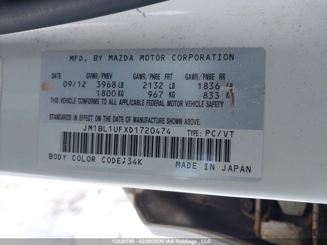 2013 Mazda Mazda3 Gx მანქანა იყიდება აუქციონზე, vin: JM1BL1UFXD1720474, აუქციონის ნომერი: 12520705