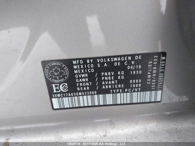 3VWC17AU3GM523960 Volkswagen Golf Sportwagon 1.8 Tsi Comfortline/1.8 Tsi Highline/1.8 Tsi Trendline