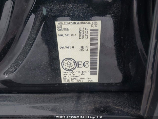 1N4AL3APXJC164807 Nissan Altima 2.5 S/2.5 Sl Tech/2.5 Sv