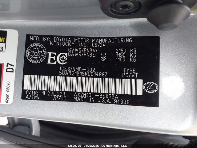 Aukcja sprzedaży 2024 Lexus Es 300h 300h, vin: 58AB21B15RU014887, numer aukcji: 12520726