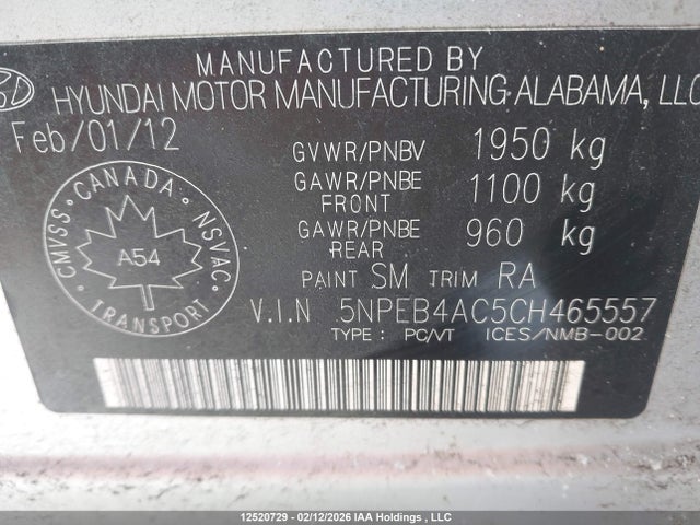 2012 Hyundai Sonata Gl მანქანა იყიდება აუქციონზე, vin: 5NPEB4AC5CH465557, აუქციონის ნომერი: 12520729