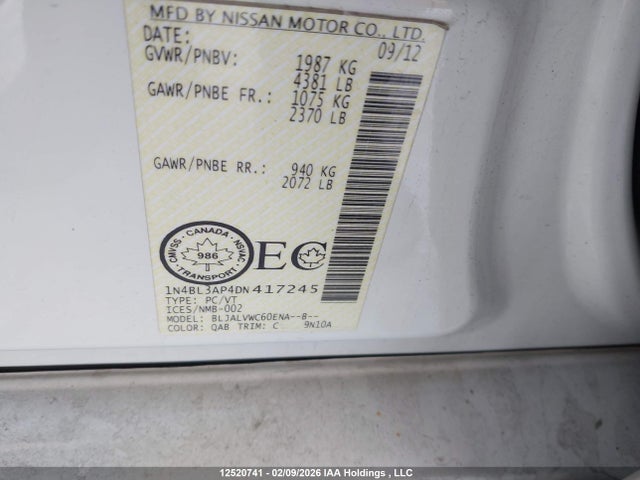 12520741 :رقم المزاد ، 1N4BL3AP4DN417245 vin ، 2013 Nissan Altima 3.5s/3.5sv/3.5sl مزاد بيع