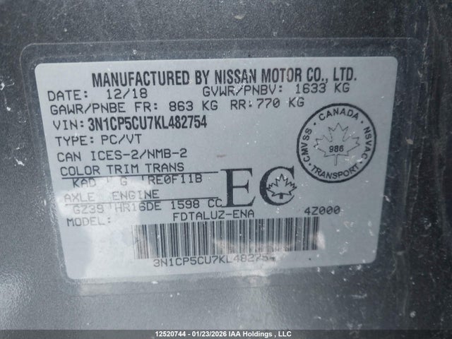 3N1CP5CU7KL482754 Nissan Kicks S/sr/sv