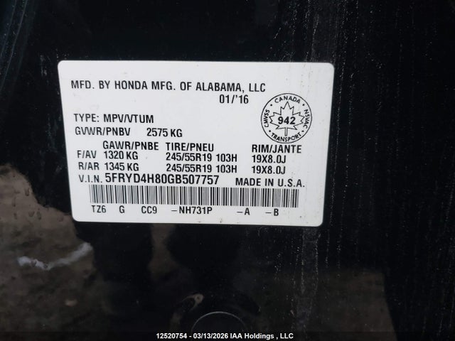 Aukcja sprzedaży 2016 Acura Mdx, vin: 5FRYD4H80GB507757, numer aukcji: 12520754