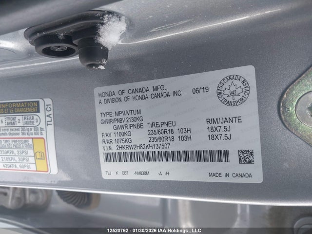 2HKRW2H82KH137507 Honda Cr-v Ex-l