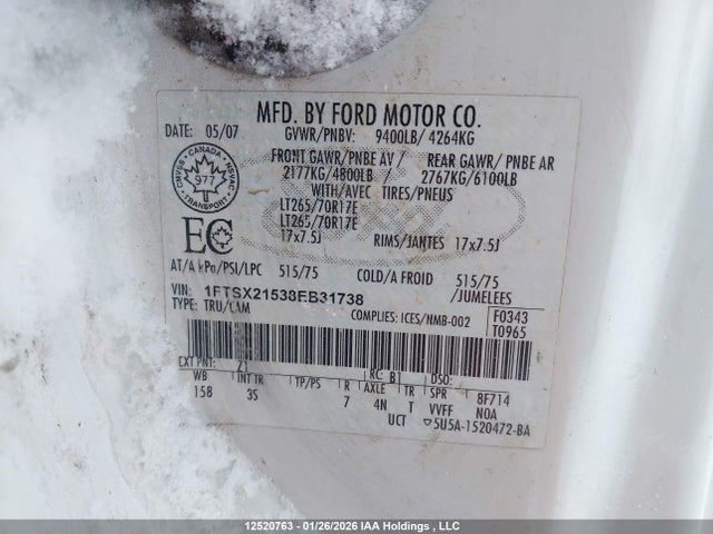 2008 Ford F-250 Fx4/lariat/xl/xlt მანქანა იყიდება აუქციონზე, vin: 1FTSX21538EB31738, აუქციონის ნომერი: 12520763