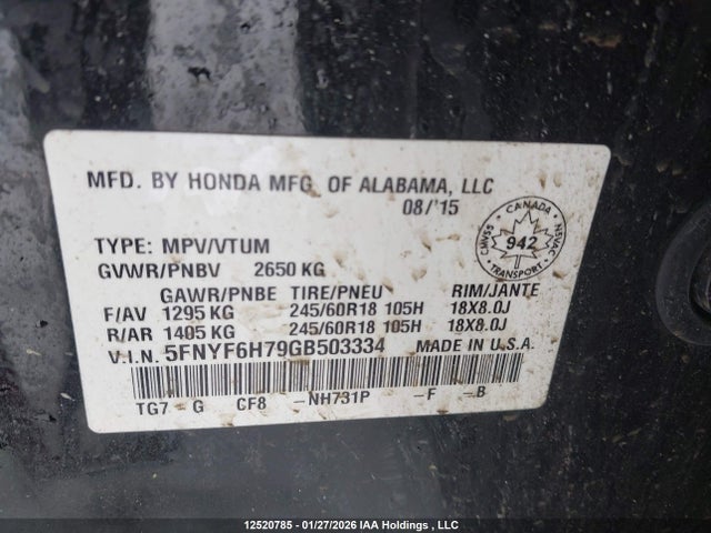 5FNYF6H79GB503334 Honda Pilot Ex-l Navi
