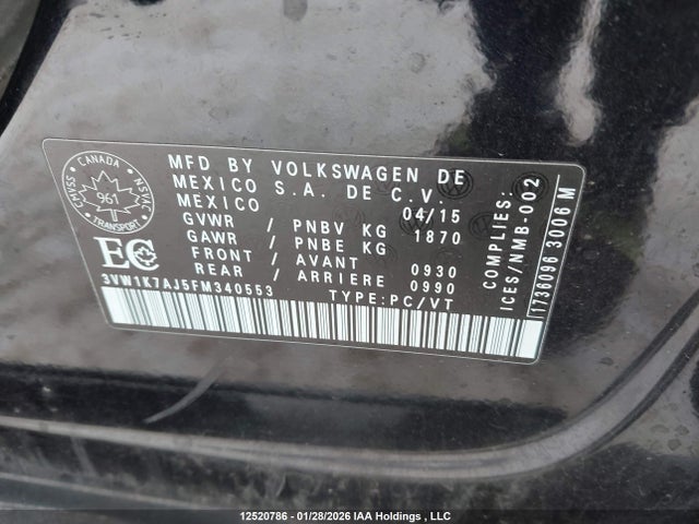 3VW1K7AJ5FM340553 Volkswagen Jetta 2.0l Trendline/2.0l Trendline+