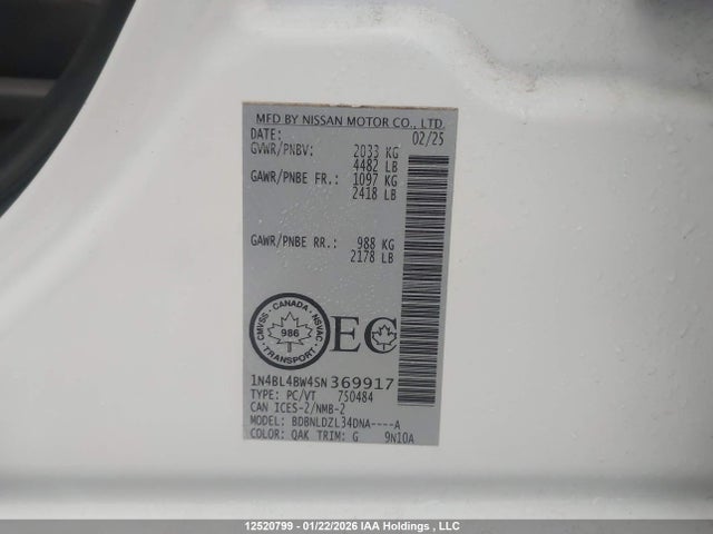 Продажа на аукционе авто 2025 Nissan Altima S, vin: 1N4BL4BW4SN369917, номер лота: 12520799