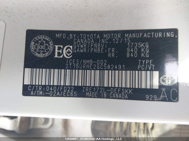 2T1BURHE2GC582491 Toyota Corolla S