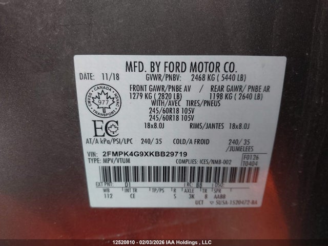 2FMPK4G9XKBB29719 Ford EDGE SE