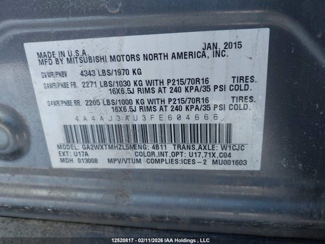 Aukcja sprzedaży 2015 Mitsubishi Rvr Se, vin: 4A4AJ3AU3FE604666, numer aukcji: 12520817