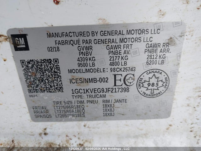1GC1KVEG9JF217398 Chevrolet Silverado 2500hd Lt