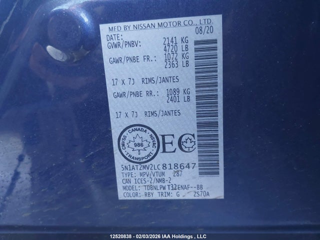 5N1AT2MV2LC818647 Nissan Rogue S/sl/sv