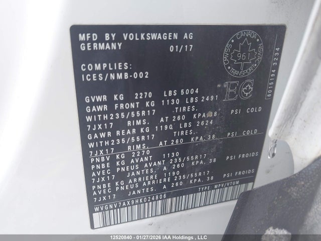 WVGNV7AX9HK024806 Volkswagen Tiguan Wolfsburg Edition