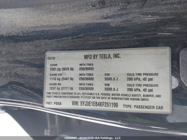 5YJ3E1EB4KF251199 Tesla Model 3 Long Range/performance