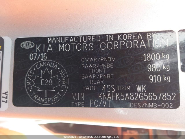 KNAFK5A82G5657852 KIA Forte 2.0l Ex/2.0l Lx+