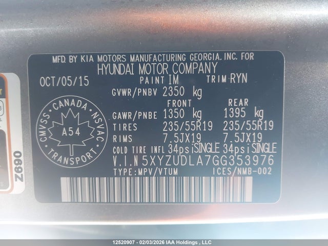 5XYZUDLA7GG353976 Hyundai Santa Fe