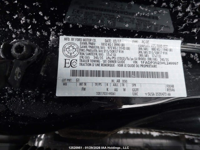 2017 Ford Focus Titanium მანქანა იყიდება აუქციონზე, vin: 1FADP3N23HL249997, აუქციონის ნომერი: 12520951