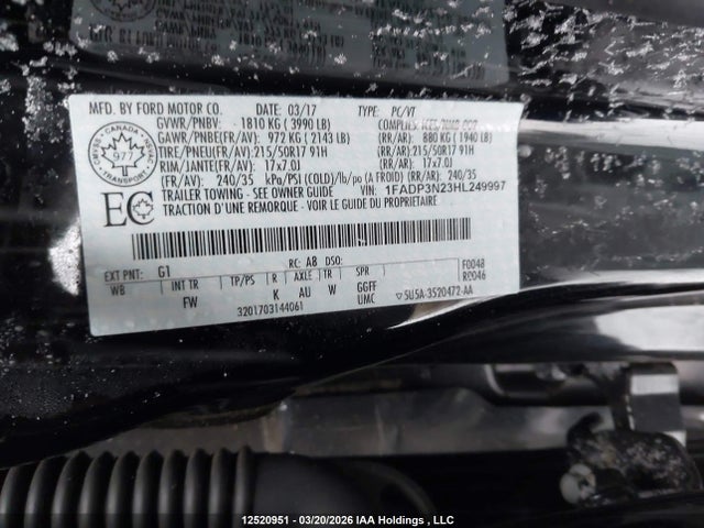 2017 Ford Focus Titanium მანქანა იყიდება აუქციონზე, vin: 1FADP3N23HL249997, აუქციონის ნომერი: 12520951