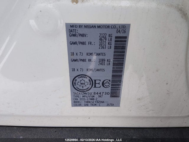 5N1AT2MV1GC844730 Nissan Rogue S/sl Premium/sv