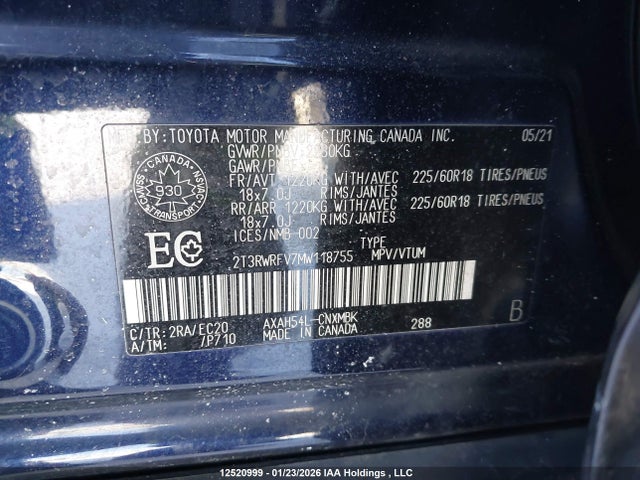 2T3RWRFV7MW118755 Toyota Rav4 Hybrid Xle
