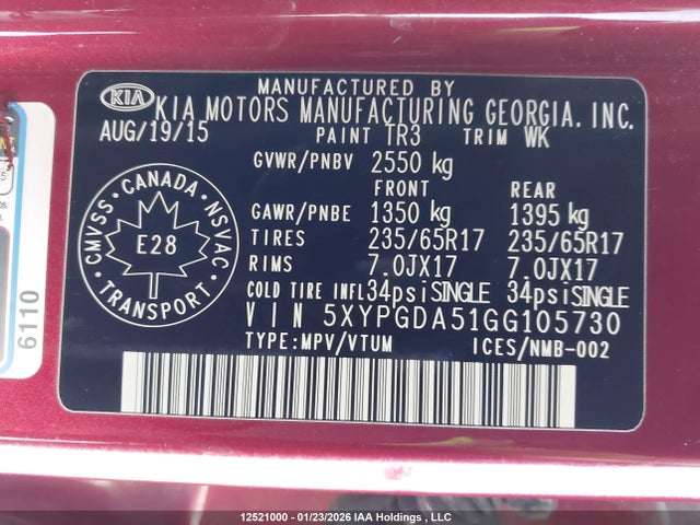 5XYPGDA51GG105730 KIA Sorento Lx/l