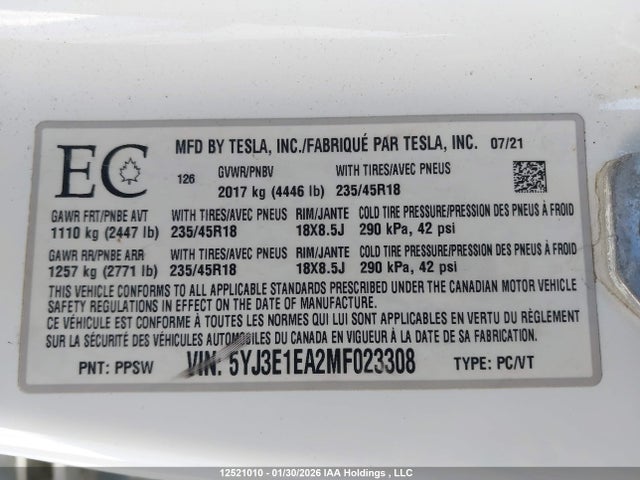 Aukcja sprzedaży 2021 Tesla Model 3, vin: 5YJ3E1EA2MF023308, numer aukcji: 12521010
