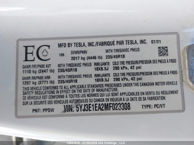 Aukcja sprzedaży 2021 Tesla Model 3, vin: 5YJ3E1EA2MF023308, numer aukcji: 12521010
