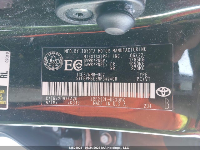5YFBPMBE6NP342408 Toyota COROLLA L
