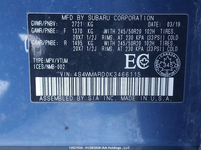 4S4WMARD0K3466115 Subaru Ascent