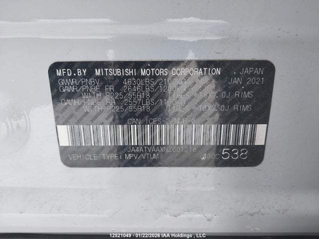 Auction sale of the 2022 Mitsubishi Eclipse Cross Le, vin: JA4ATVAAXNZ601218, lot number: 12521049