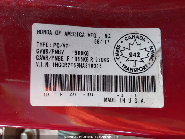 1HGCR2F59HA810316 Honda Accord