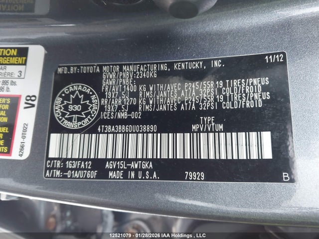 Aukcja sprzedaży 2013 Toyota Venza Le/xle, vin: 4T3BA3BB6DU038890, numer aukcji: 12521079