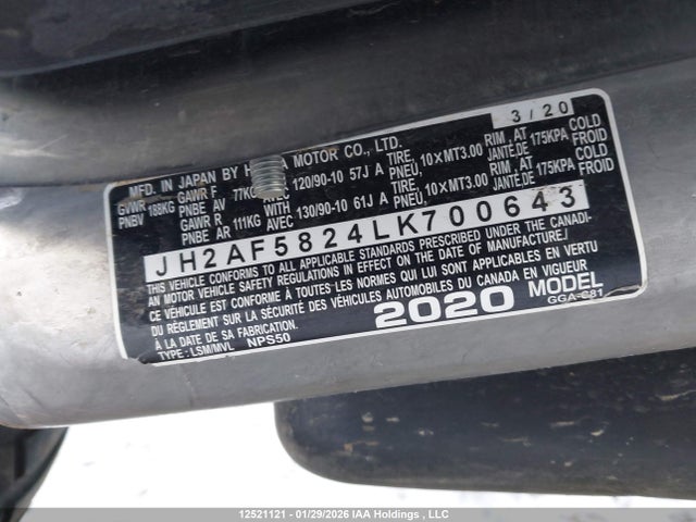 2020 Honda Nps50 მანქანა იყიდება აუქციონზე, vin: JH2AF5824LK700643, აუქციონის ნომერი: 12521121
