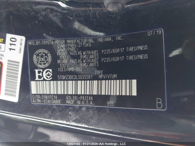 5TDKZ3DC2LS035581 Toyota Sienna Le V6