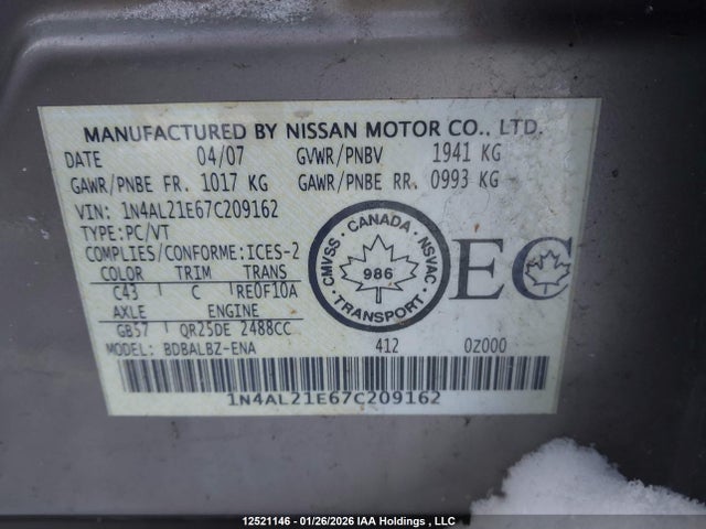12521146 :رقم المزاد ، 1N4AL21E67C209162 vin ، 2007 Nissan Altima 2.5/2.5s مزاد بيع
