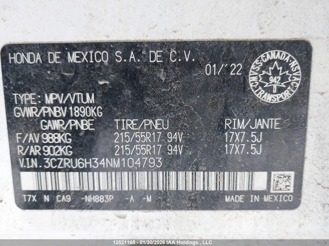 3CZRU6H34NM104793 Honda HR-V LX
