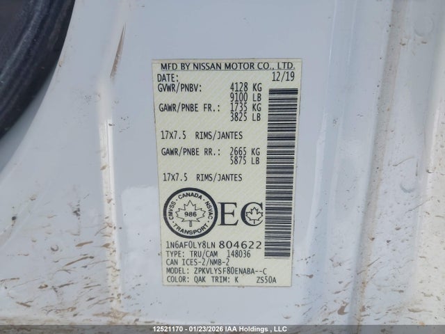 1N6AF0LY8LN804622 Nissan Nv Cargo Nv2500 Hd S V8/sv V8