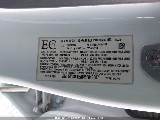 12521171 :رقم المزاد ، 5YJ3E1EA6MF848607 vin ، 2021 Tesla Model 3 مزاد بيع