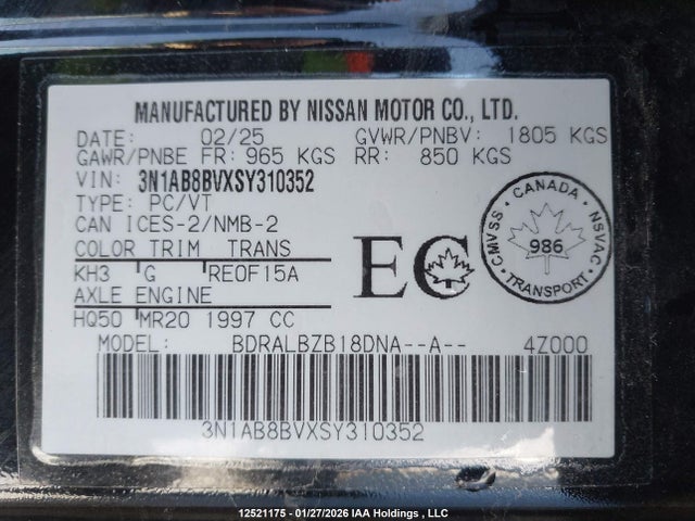 3N1AB8BVXSY310352 Nissan Sentra S/s Plus