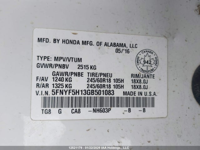 5FNYF5H13GB501083 Honda PILOT LX